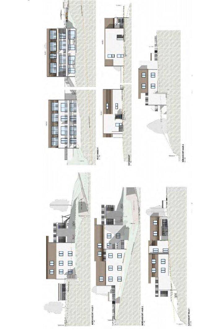 Gebäudeansichten von verschiedenen Seiten, die die Fassadengestaltung und Fensteranordnung zeigen.