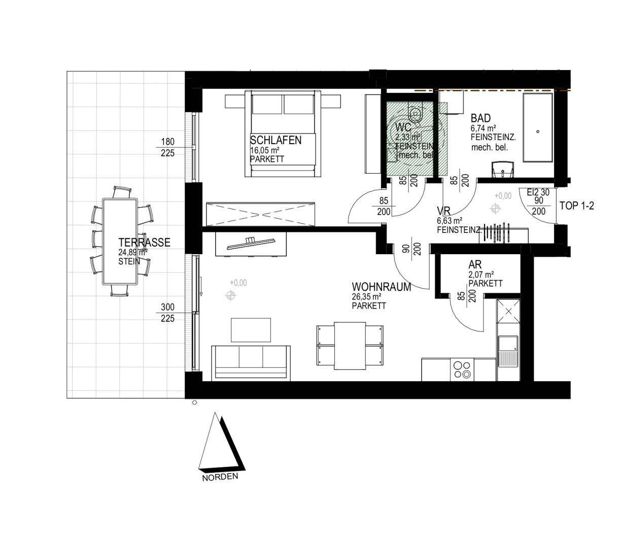 Grundriss einer Wohnung mit Schlafzimmer, Bad, Wohnraum und großer Terrasse, inklusive Nordausrichtung.