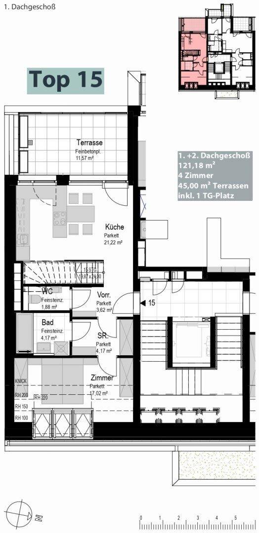 Detaillierter Grundriss des ersten Dachgeschosses mit Küche, Bad und Terrasse.