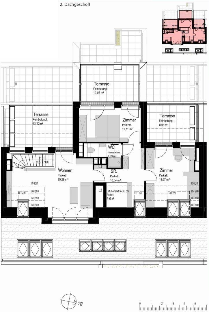 Detaillierter Grundriss des zweiten Dachgeschosses mit Wohnbereich, Schlafzimmern und Terrassen.