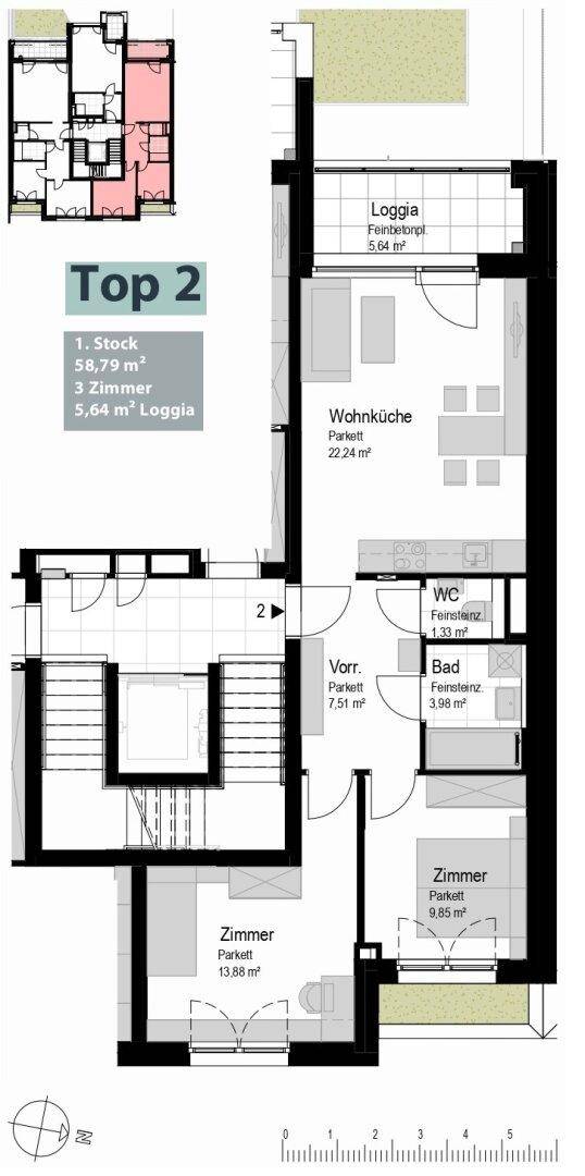 Grundriss einer Wohnung mit offener Wohnküche, Loggia, Bad und separatem WC.