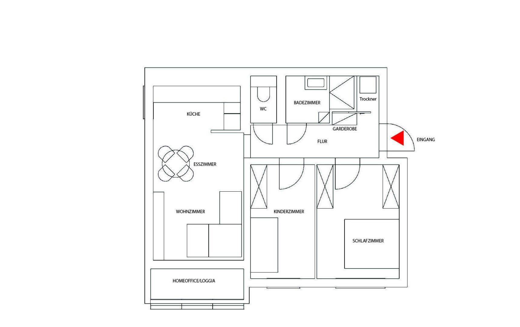 Übersichtlicher Grundriss der Wohnung mit Wohn-, Ess- und Schlafbereichen.