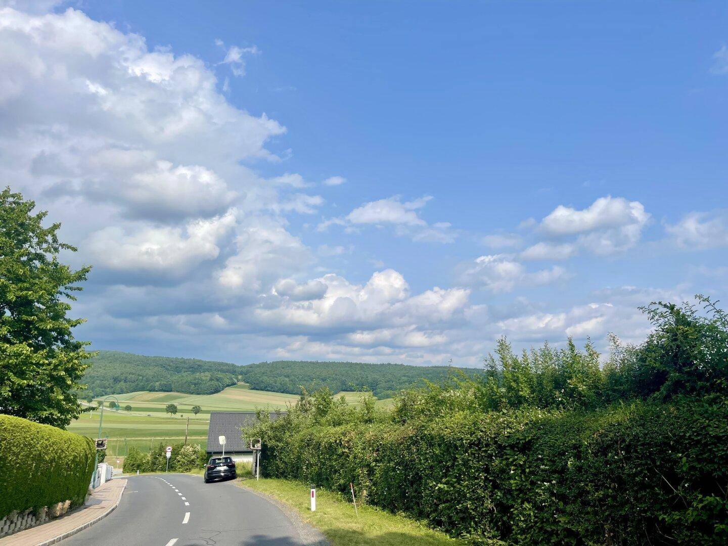 Landstraße schlängelt sich durch eine grüne Hügellandschaft mit Feldern und vereinzelten Häusern.