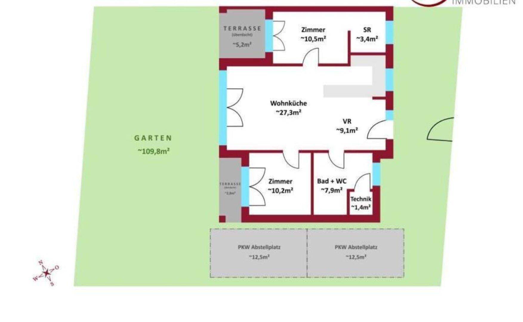 Grundriss eines Hauses mit Wohnküche, zwei Zimmern, Bad und Garten.