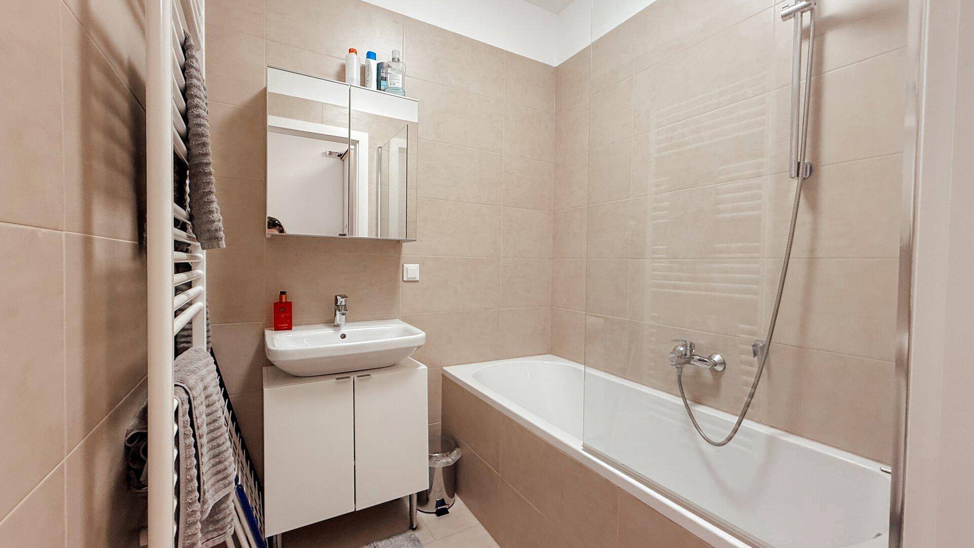 Modernes Badezimmer mit Badewanne, Duschfunktion und beheiztem Handtuchhalter.