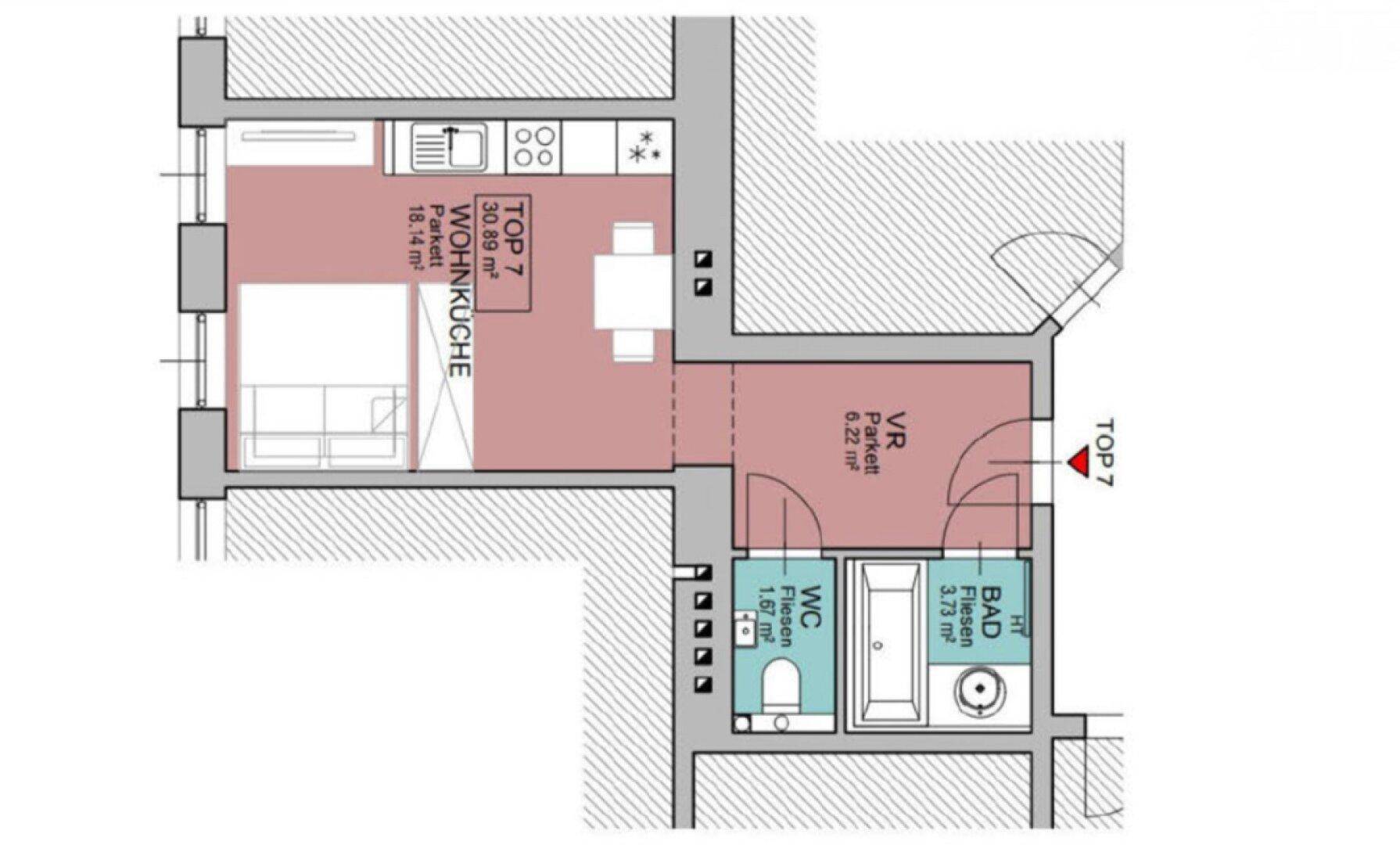 Grundriss des Apartments mit Wohnküche, Bad und separatem WC.