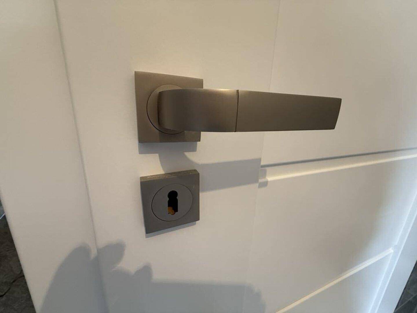 Moderne Tür mit gebürstetem Metallgriff und Schließzylinder in einem Innenraum.