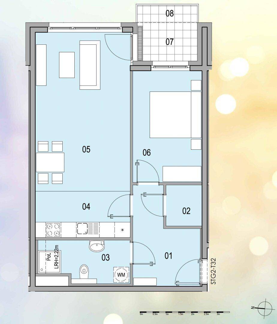 Grundriss einer Wohnung mit Balkon und klar gekennzeichneten Bereichen.