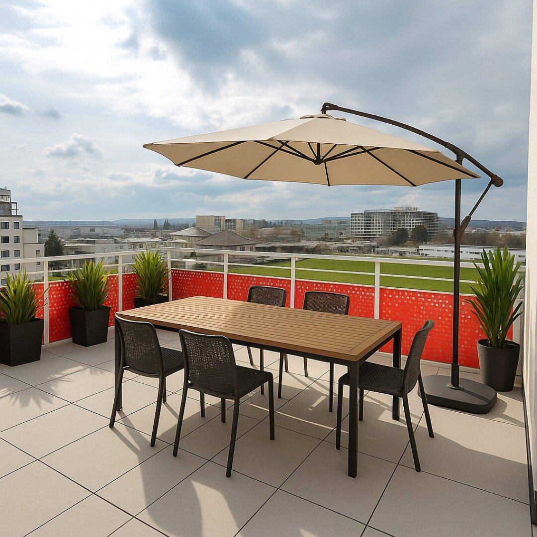 Geräumige Terrasse mit Esstisch, Sonnenschirm und weitem Blick über die Stadt.
