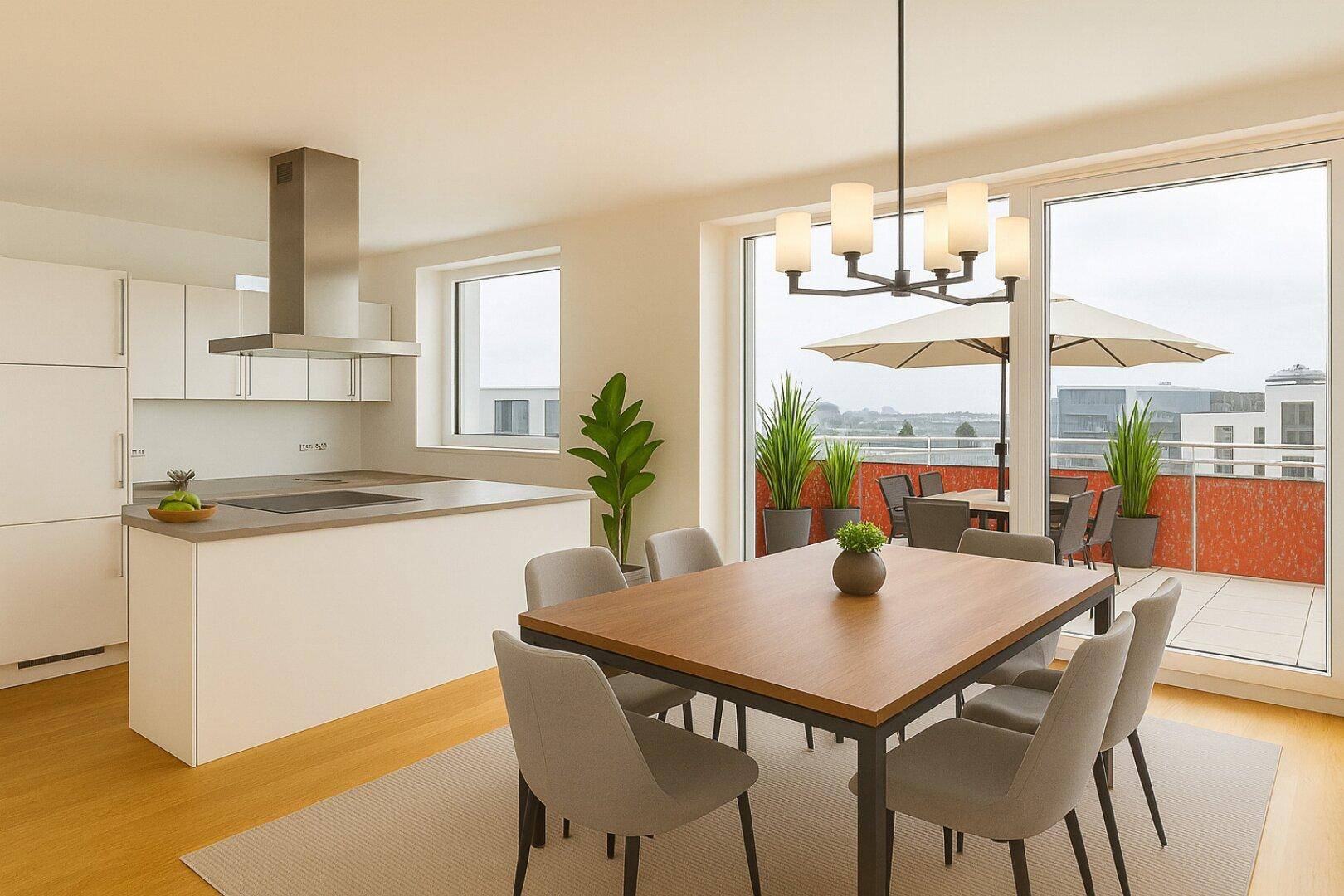 Moderne offene Küche mit Essbereich und Zugang zu einer großen Terrasse.