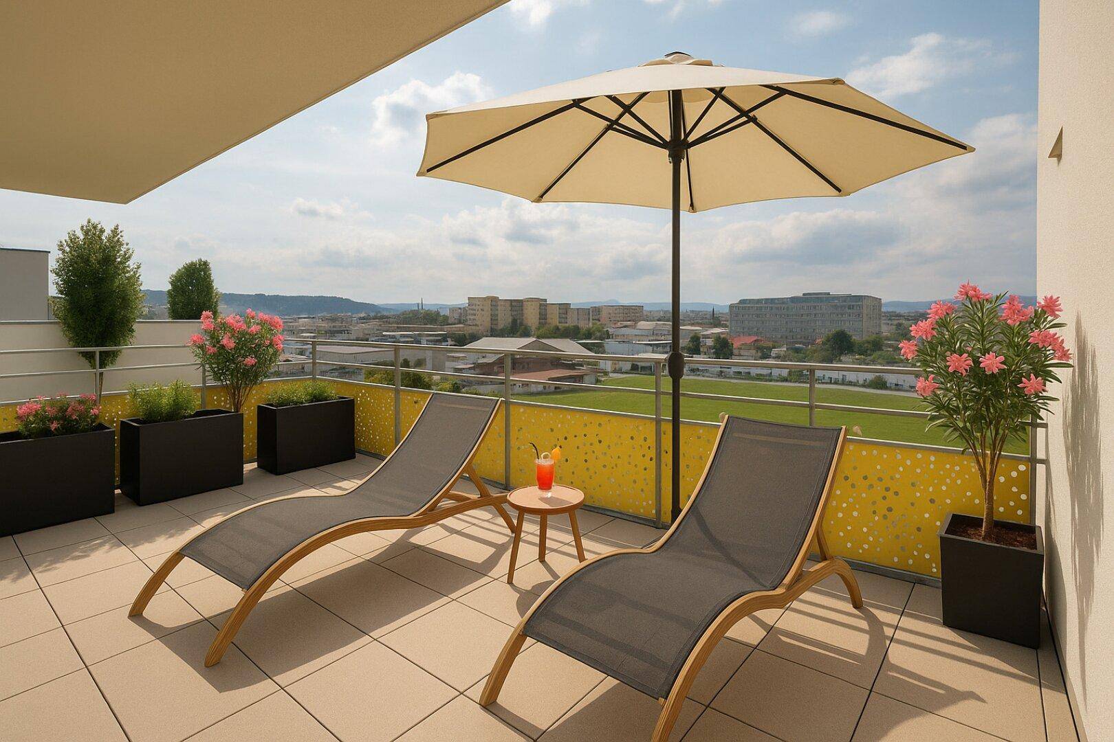 Sonniger Balkon mit Liegestühlen, Sonnenschirm und Blick auf die Stadt und Umgebung.