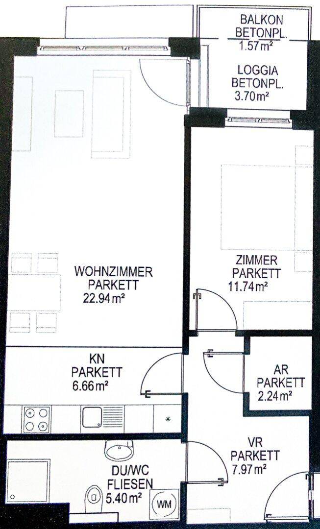 Detaillierter Grundriss einer Wohnung mit Wohnzimmer, Zimmer und Nasszelle.