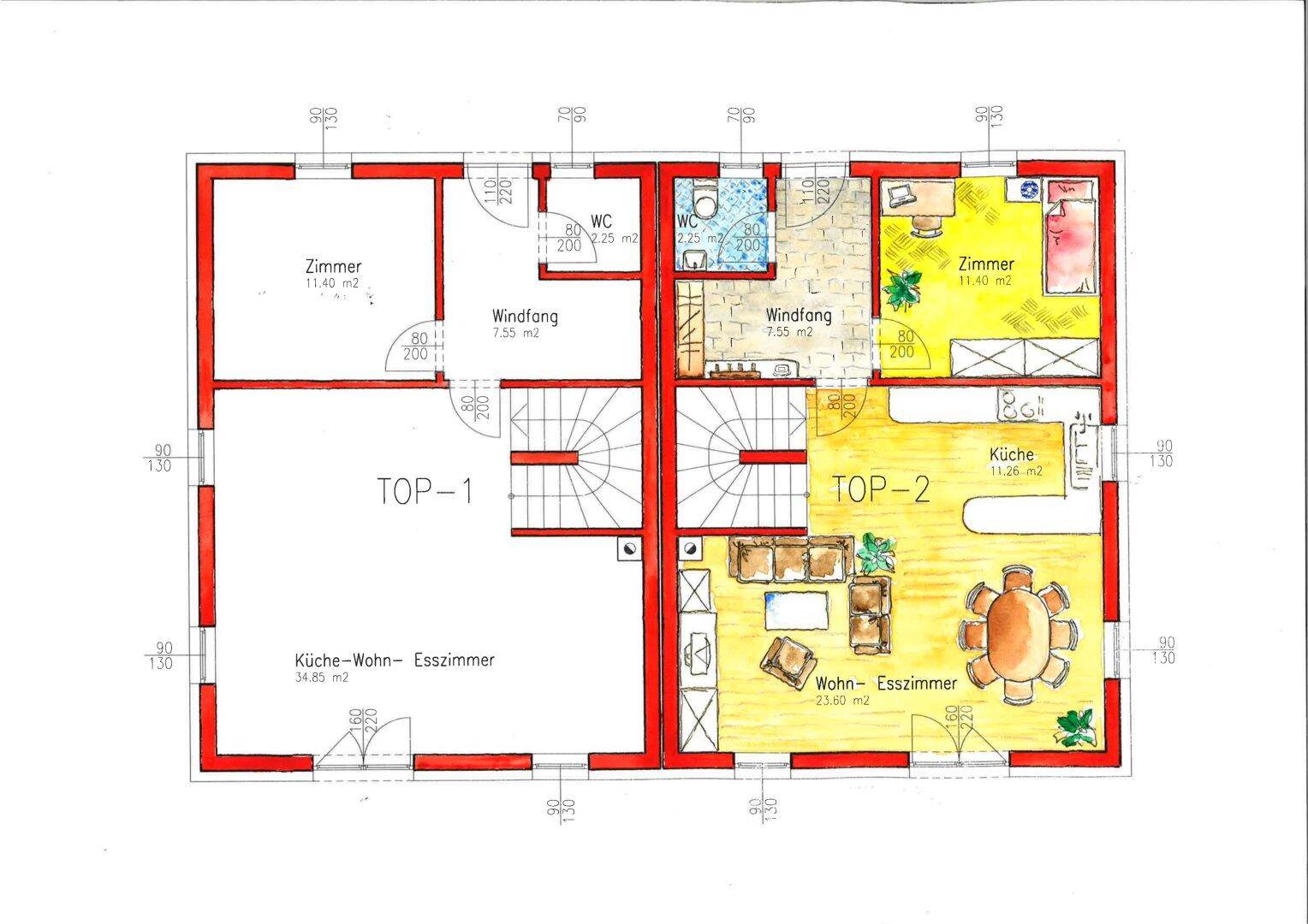 Grundriss des Erdgeschosses mit offenem Wohn-Essbereich, Küche, Zimmer und Gäste-WC.