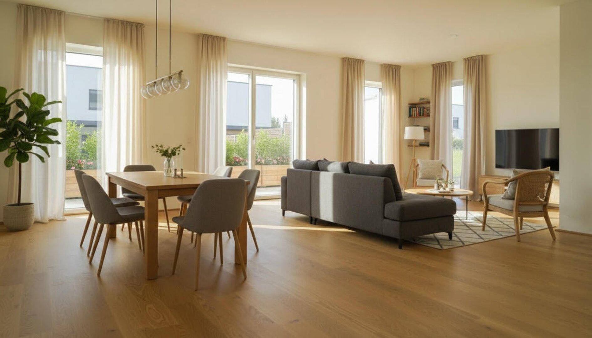Geräumiger Wohn- und Essbereich mit großen Fenstern, Holzboden und viel Tageslicht.