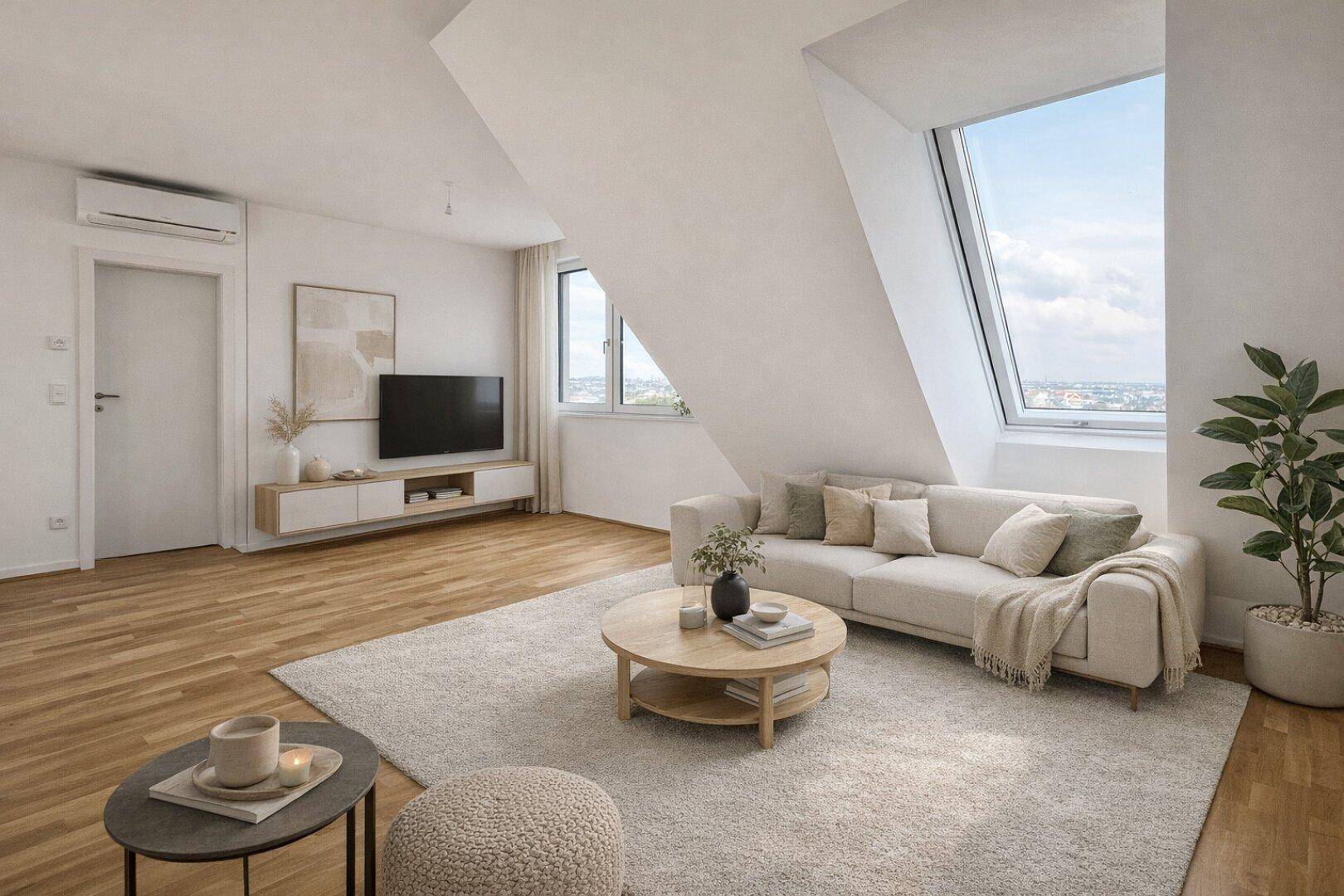Helles Wohnzimmer im Dachgeschoss mit großen Fenstern, Klimaanlage und modernem Sofa.