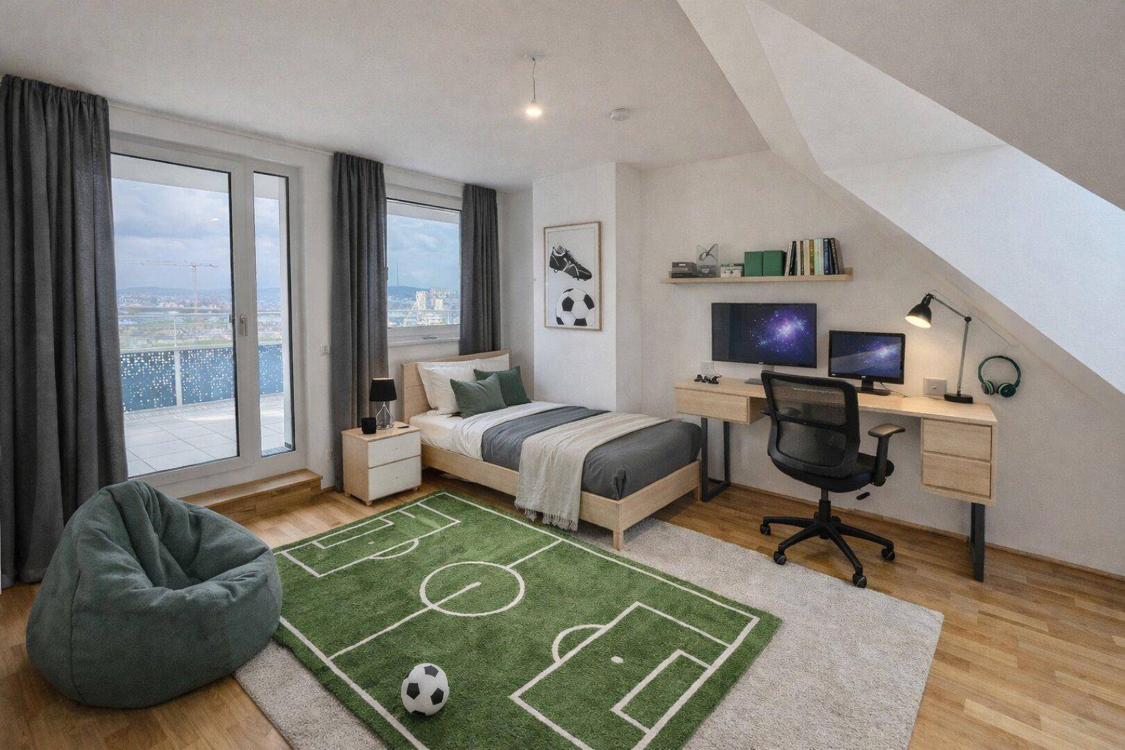 Kinderzimmer im Dachgeschoss mit Schreibtisch, Einzelbett und Zugang zu einem Balkon.