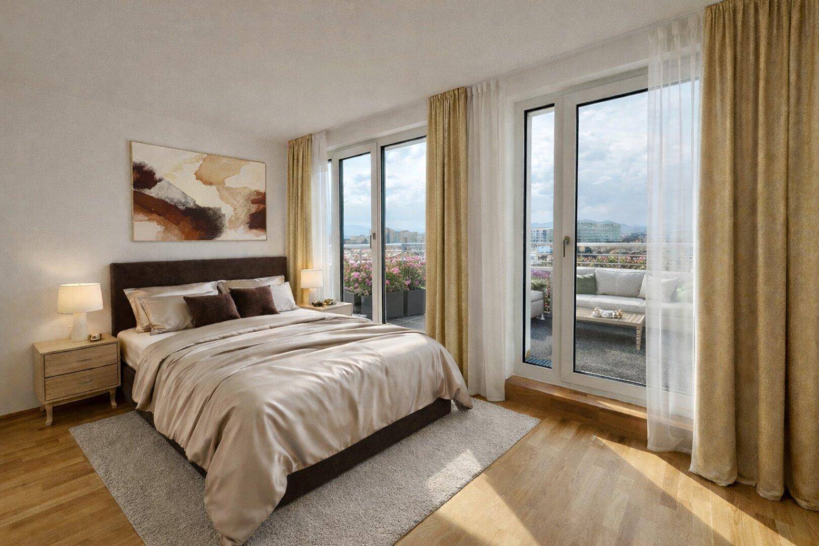 Helles Schlafzimmer mit Doppelbett, Nachttischen und direktem Zugang zur Dachterrasse.