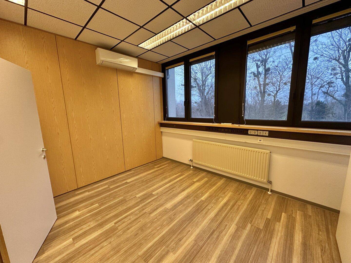 Helles Büro mit Holzvertäfelung, Laminatboden und Blick ins Grüne durch die Fenster.