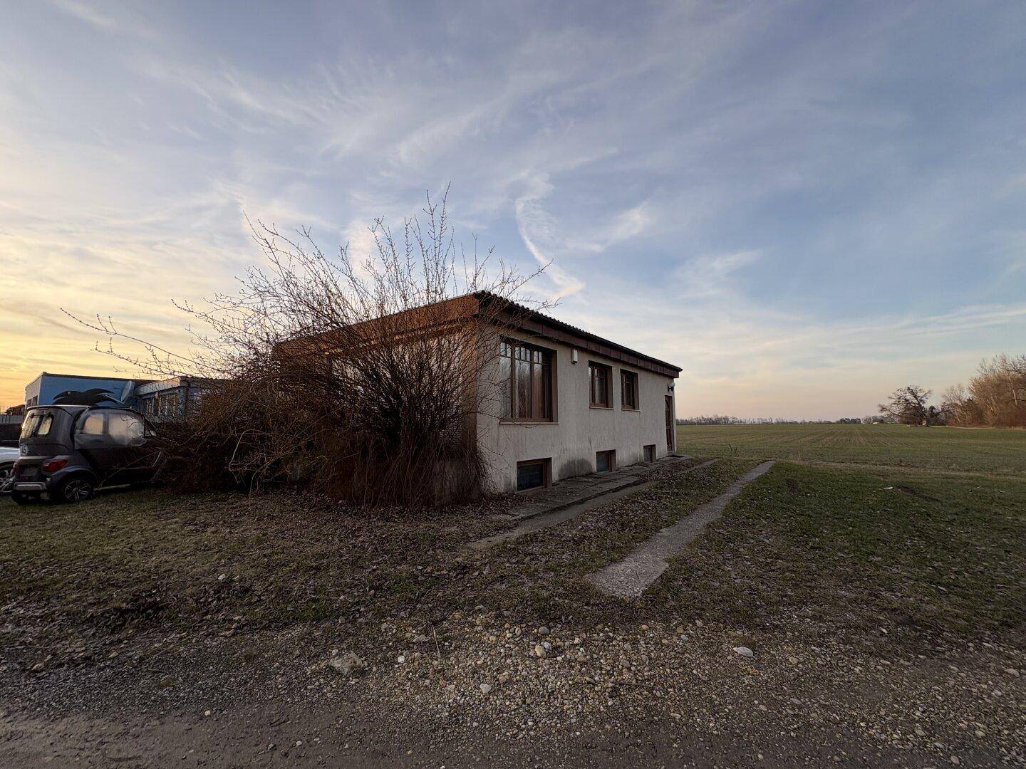 Älteres Einfamilienhaus mit schlichter Fassade und verwachsenen Büschen in einer weiten Landschaft.