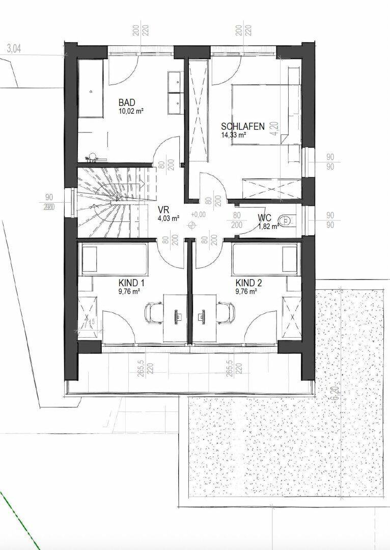 Grundriss des Obergeschosses mit Schlafzimmer, zwei Kinderzimmern, Bad und separatem WC.