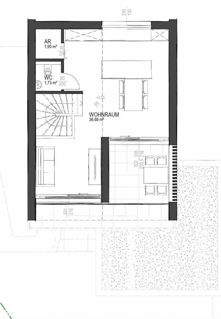 Grundriss des Erdgeschosses mit großem Wohnraum, Abstellraum und separatem WC.