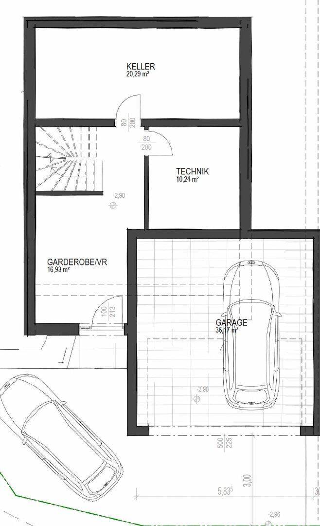 Grundriss des Untergeschosses mit Keller, Technikraum, Garderobe und integrierter Garage.