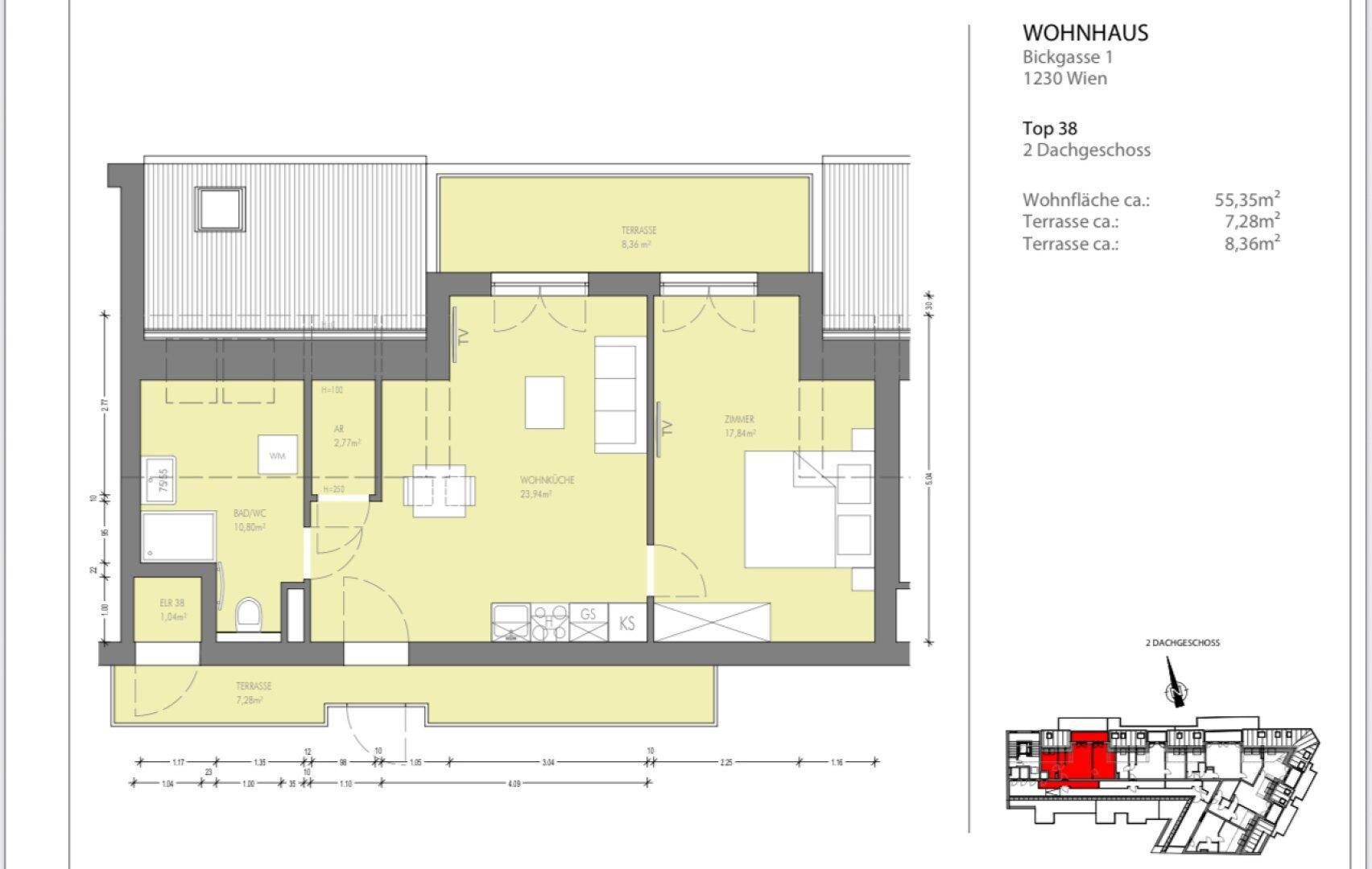 Grundriss der Wohnung Top 38 im 2. Dachgeschoss mit Wohnfläche und zwei Terrassen.
