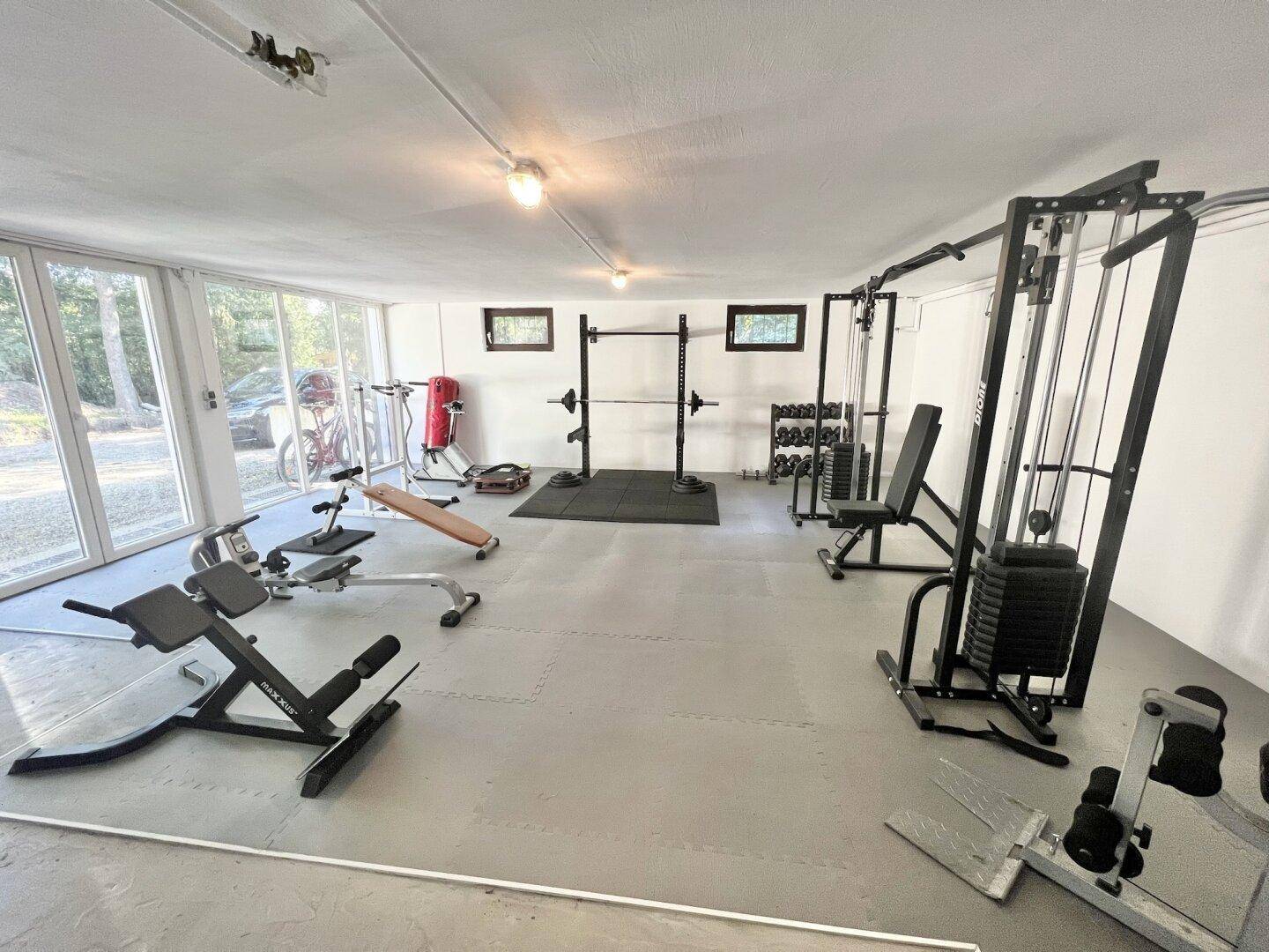 Geräumiger Fitnessraum mit verschiedenen Trainingsgeräten und großen Fenstern.