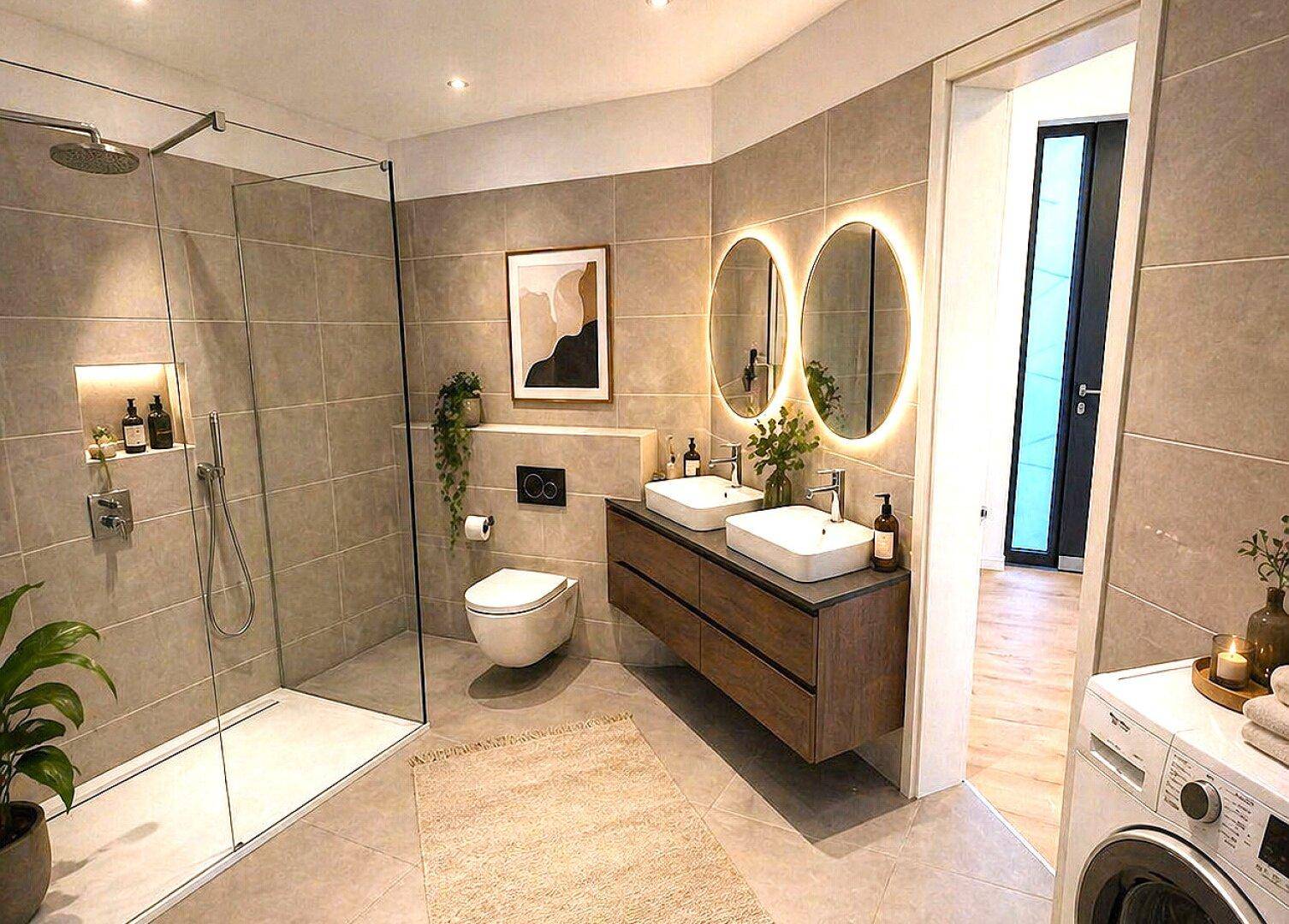 Modernes Badezimmer mit begehbarer Dusche, Doppelwaschbecken und großen Fliesen.