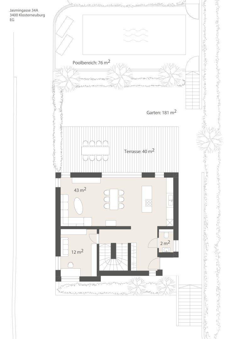 Grundriss des Erdgeschosses mit offenem Wohnbereich, Terrasse, Garten und Pool.