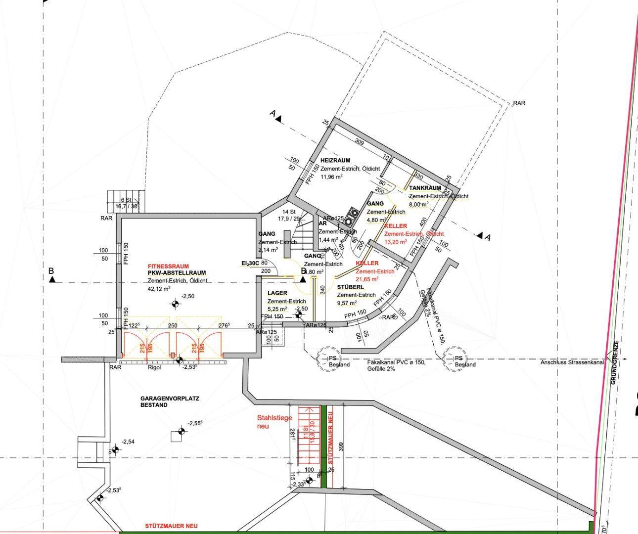Grundriss des Untergeschosses mit Fitnessraum, Keller und Heizraum.
