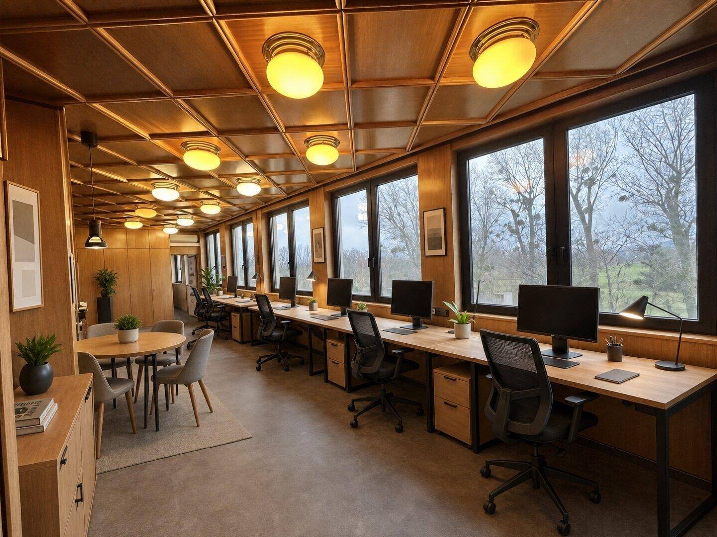 Langes Großraumbüro mit vielen Arbeitsplätzen, einem kleinen Besprechungsbereich und Blick ins Grüne.
