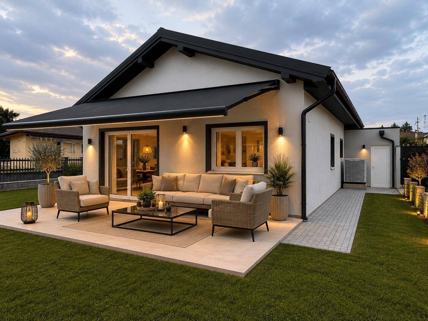 Moderne Terrasse mit Gartenmöbeln, Markise und beleuchtetem Gartenbereich am Abend.