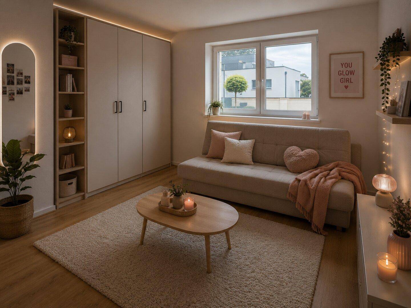 Gemütliches Wohnzimmer mit Sofa, Couchtisch, Schrankwand und stimmungsvoller Beleuchtung.