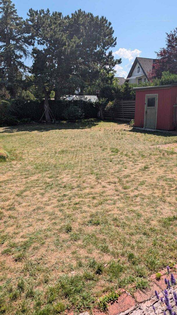 Ein weitläufiger Gartenbereich mit Rasenfläche und einem kleinen roten Gartenhaus im Hintergrund.
