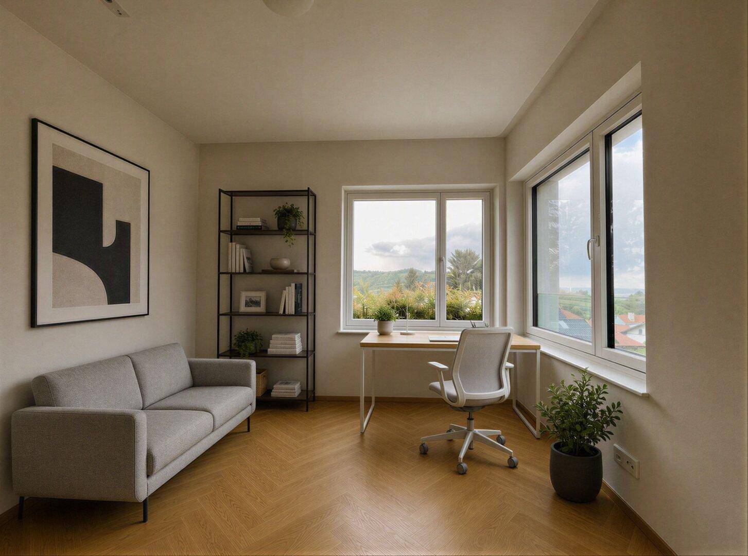Helles Arbeitszimmer mit Schreibtisch, Bücherregal und großen Fenstern mit Weitblick.