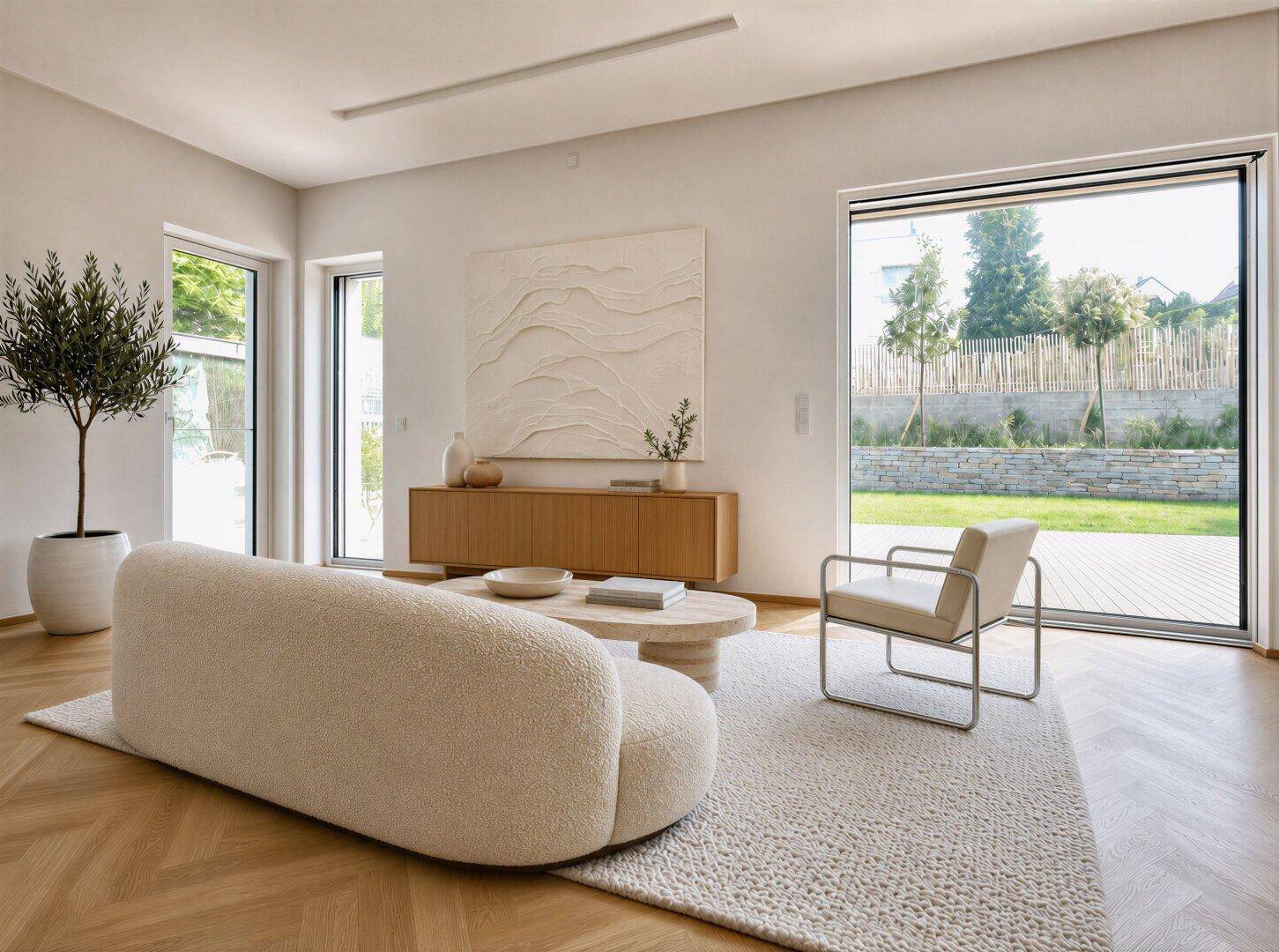 Helles Wohnzimmer mit großen Fenstern, modernem Sofa und Blick in den Garten.
