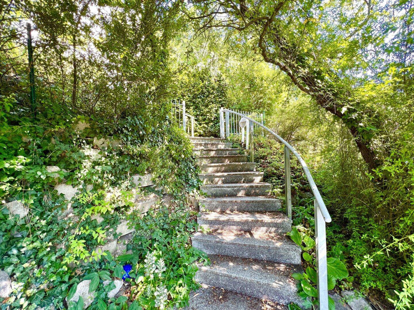 Steintreppe mit Geländer, umgeben von üppiger grüner Vegetation, führt den Hang hinauf.