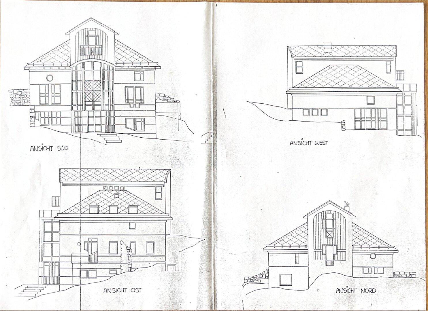 Architektonische Ansichten des Hauses von Süden, Westen, Osten und Norden.
