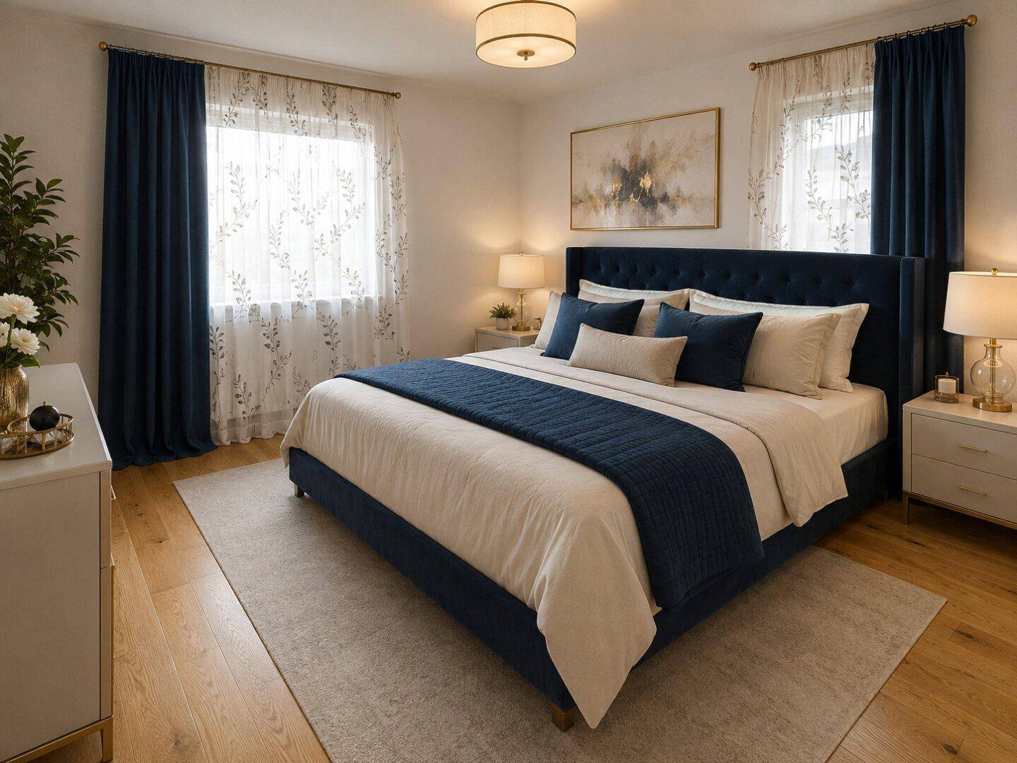 Elegantes Schlafzimmer mit blauem Polsterbett, Holzboden und großen Fenstern mit Vorhängen.