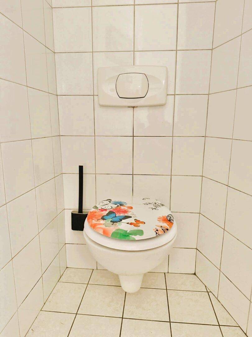 Separate Toilette mit weißen Fliesen und einem farbenfroh dekorierten Toilettendeckel.