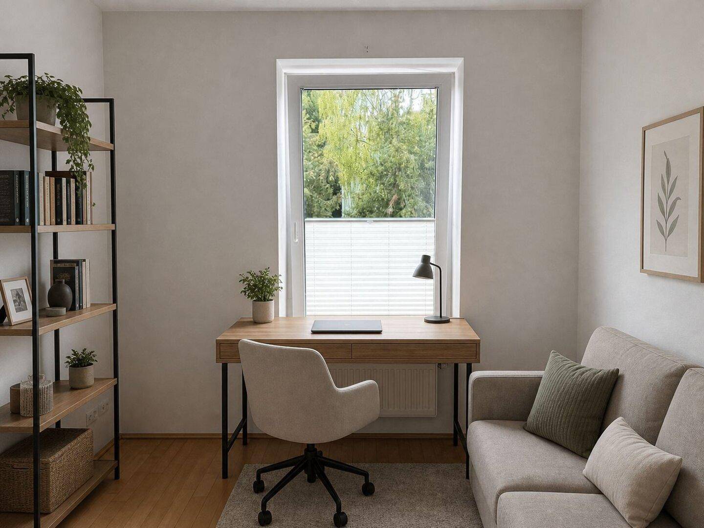 Helles Arbeitszimmer mit modernem Schreibtisch, beigem Sofa und Blick ins Grüne durch das Fenster.