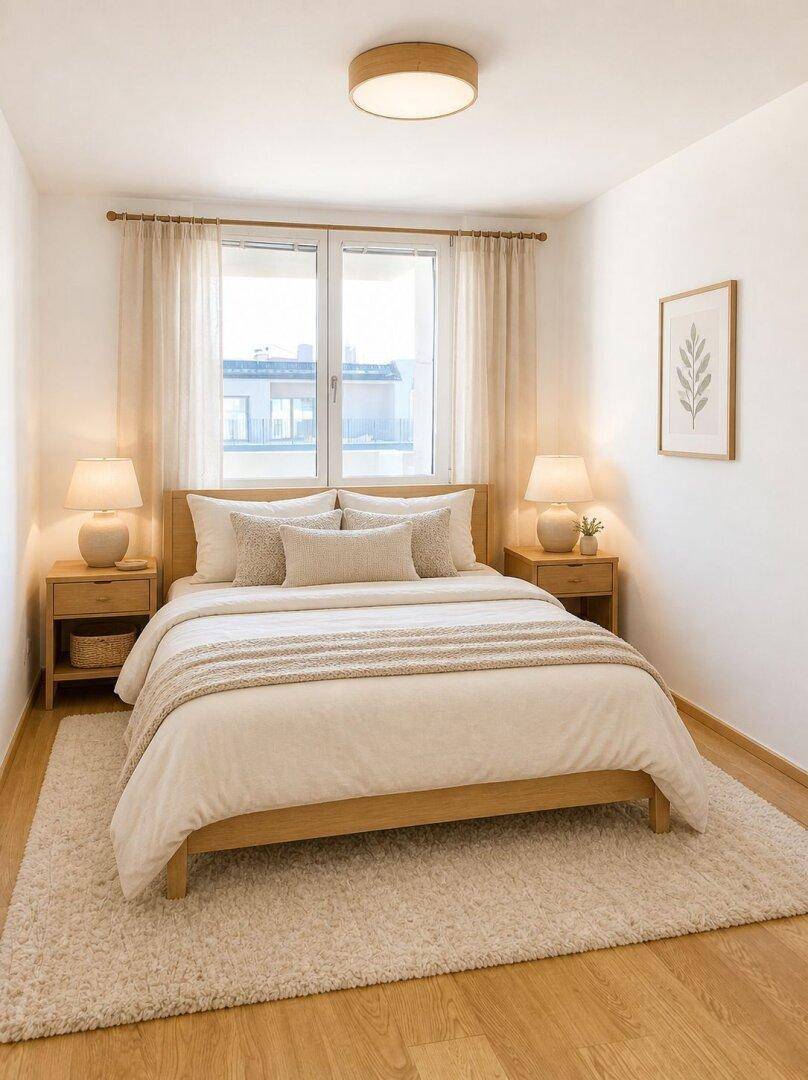 Gemütliches Schlafzimmer mit hellem Holzbett, Nachttischen und großem Fenster.