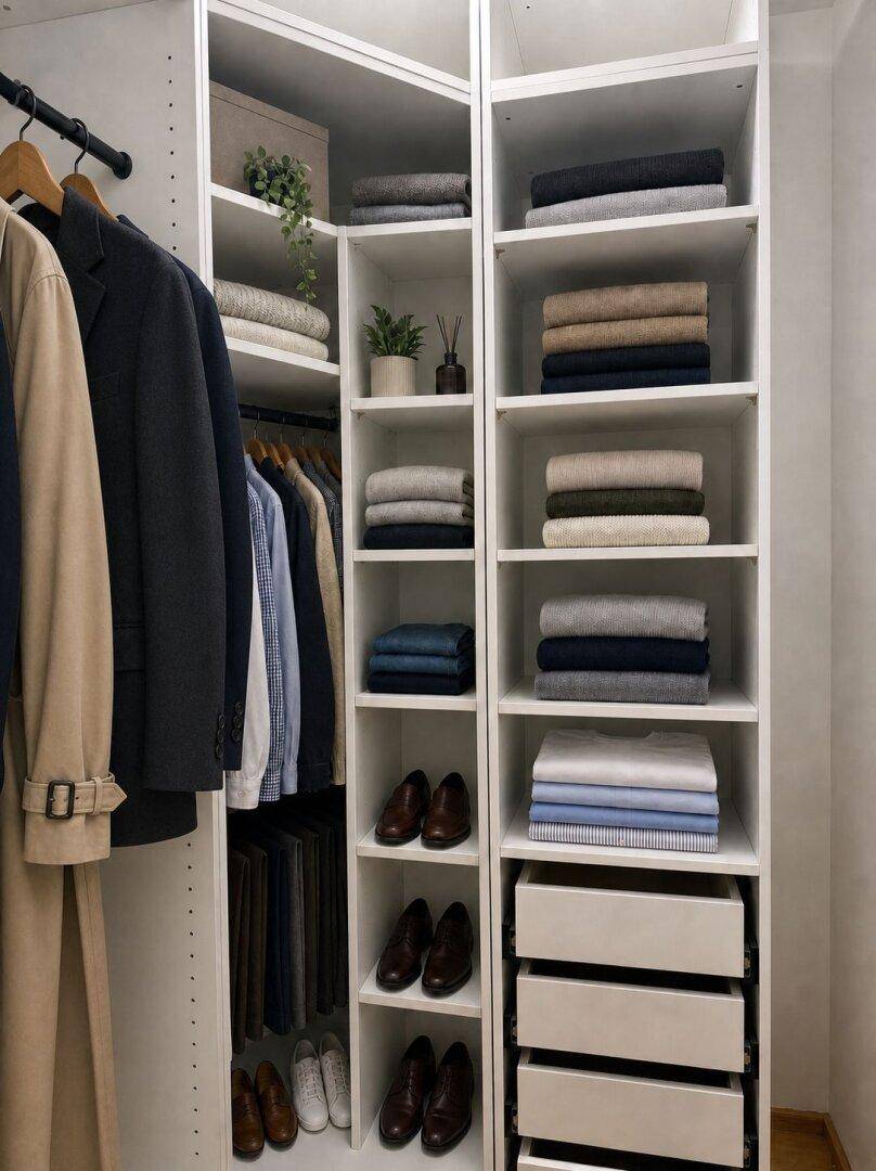 Gut organisierter begehbarer Kleiderschrank mit Regalen und Hängemöglichkeiten.