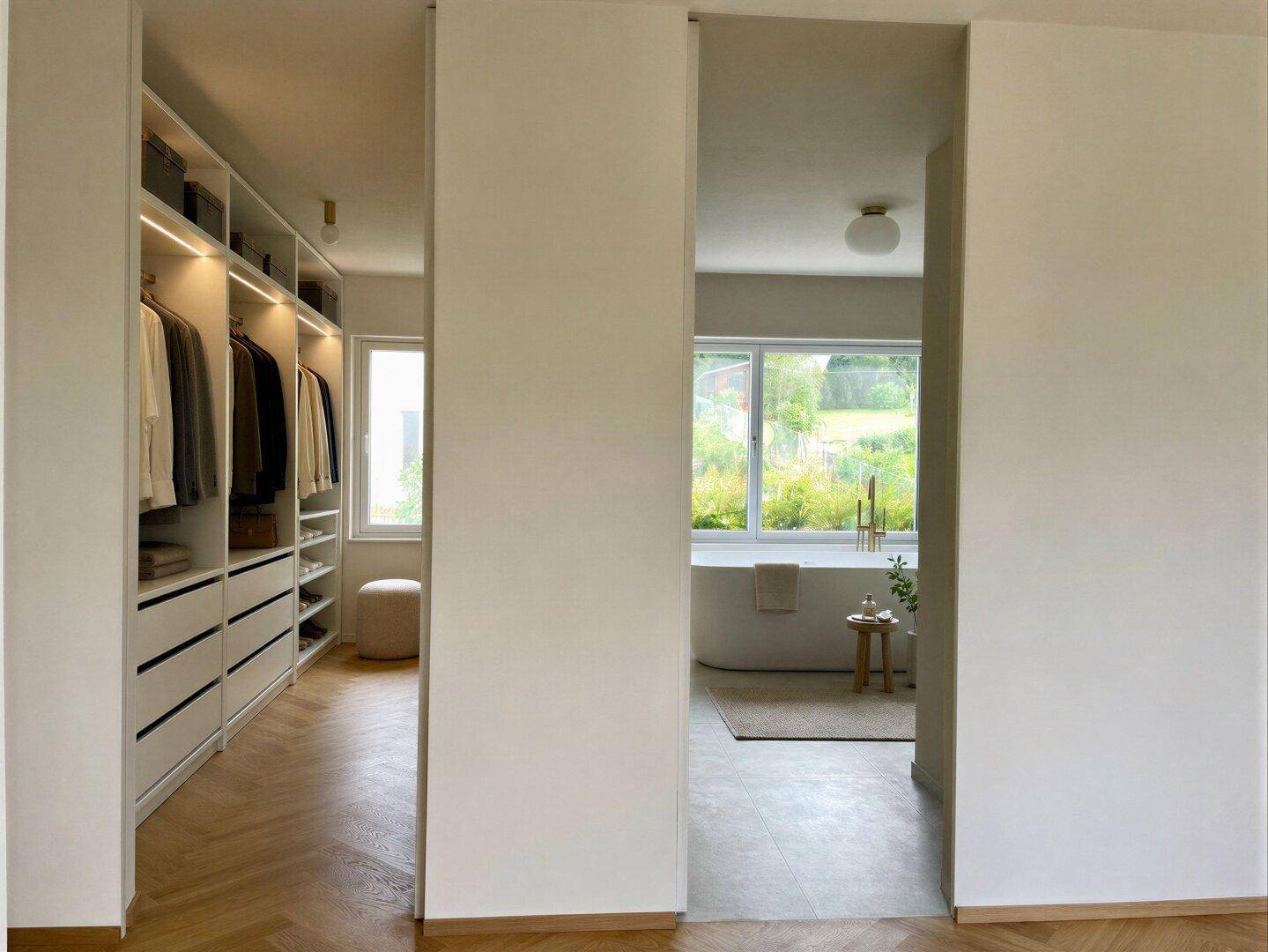 Geräumiger begehbarer Kleiderschrank mit integrierten Regalen und Blick ins Badezimmer.