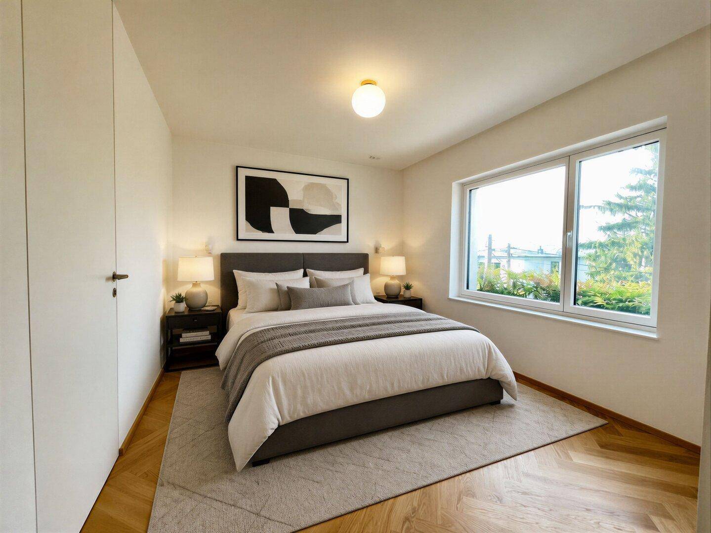 Gemütliches Schlafzimmer mit Fischgrätparkett, großem Bett und Fenster mit Blick ins Grüne.