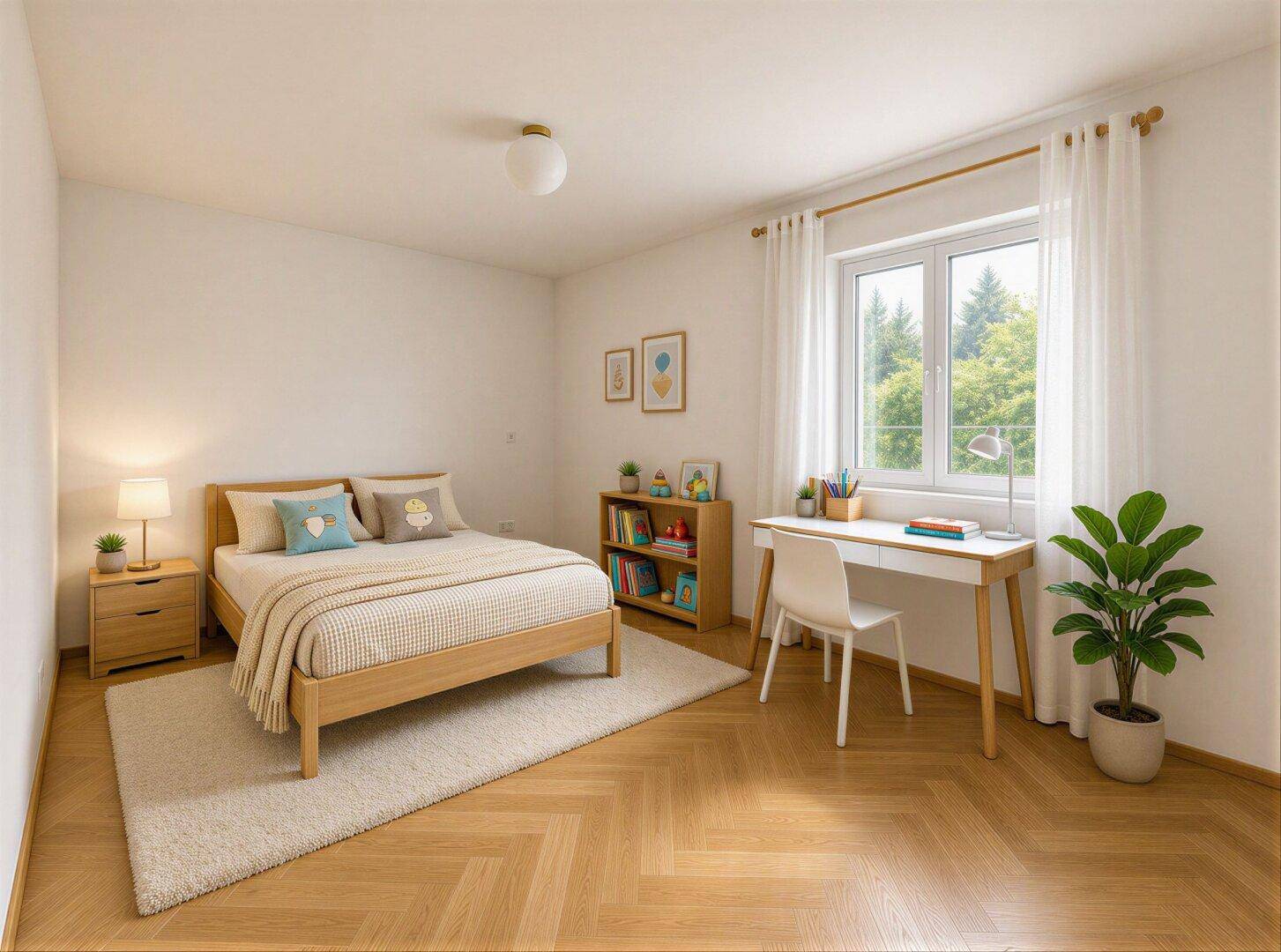 Helles Kinderzimmer mit Holzbett, Schreibtisch und Fenster mit Blick ins Grüne.