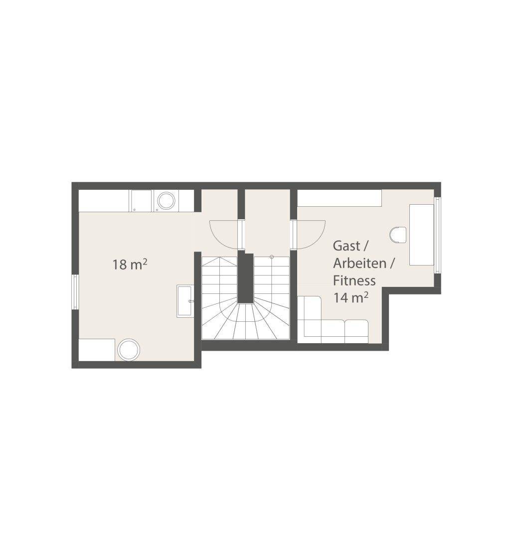Grundriss des Untergeschosses mit Gästezimmer, Arbeitsbereich und Fitnessraum.