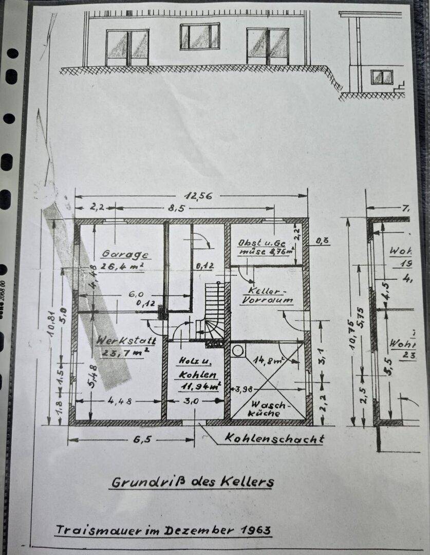 Grundriss des Kellers mit Garage, Werkstatt und Lagerräumen.