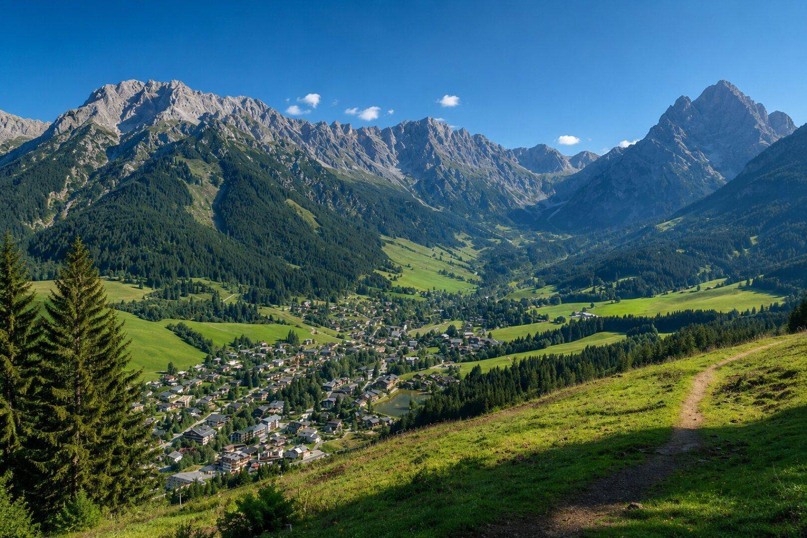 Malerische Luftaufnahme eines Dorfes eingebettet in eine weite Berglandschaft unter blauem Himmel.
